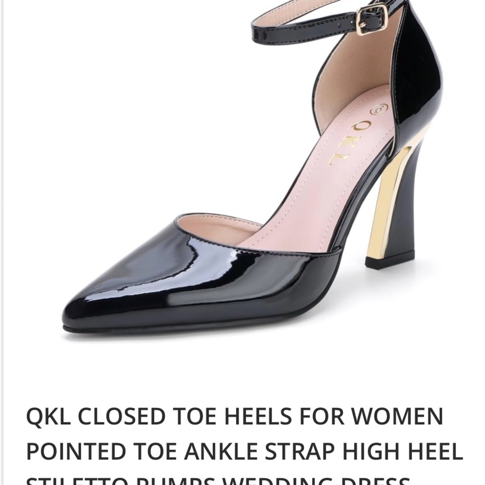 QKL Black Patent Leather Ankle Strap Heels